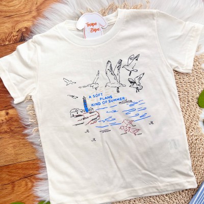 Conj. Camiseta Kind of Summer e Bermuda Listrada - Off White e Azul Bebê